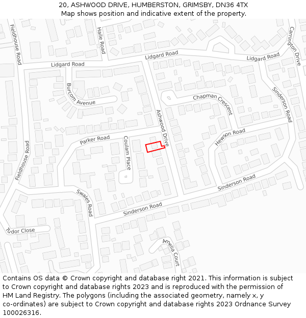 20, ASHWOOD DRIVE, HUMBERSTON, GRIMSBY, DN36 4TX: Location map and indicative extent of plot