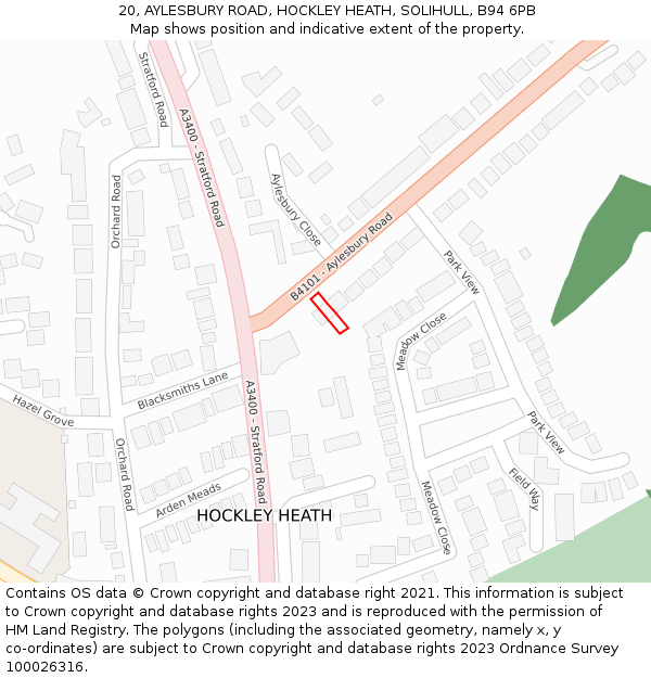 20, AYLESBURY ROAD, HOCKLEY HEATH, SOLIHULL, B94 6PB: Location map and indicative extent of plot