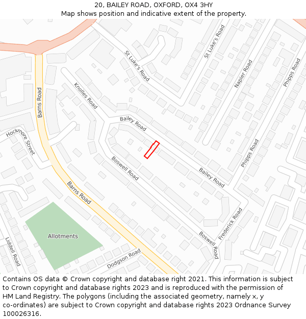 20, BAILEY ROAD, OXFORD, OX4 3HY: Location map and indicative extent of plot