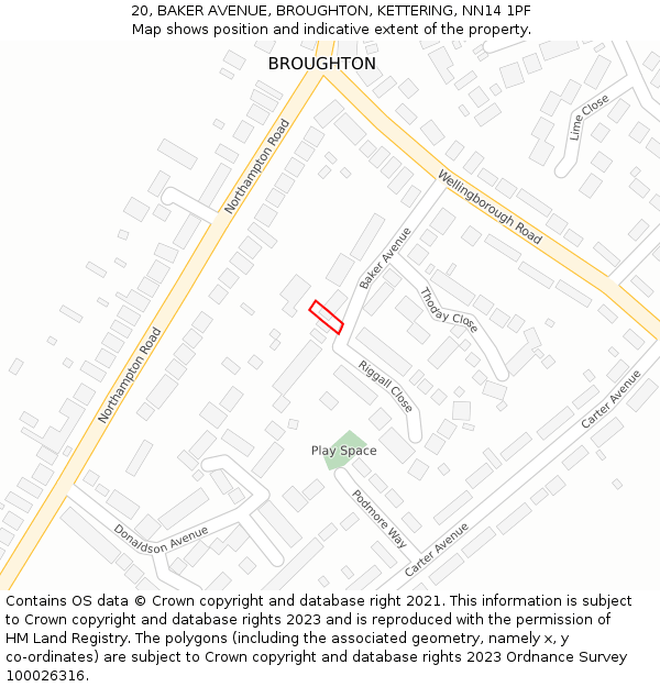 20, BAKER AVENUE, BROUGHTON, KETTERING, NN14 1PF: Location map and indicative extent of plot