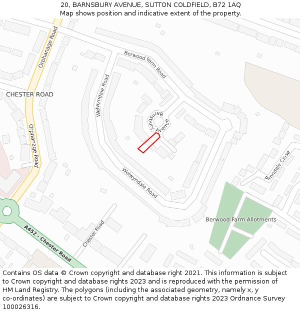 20, BARNSBURY AVENUE, SUTTON COLDFIELD, B72 1AQ: Location map and indicative extent of plot