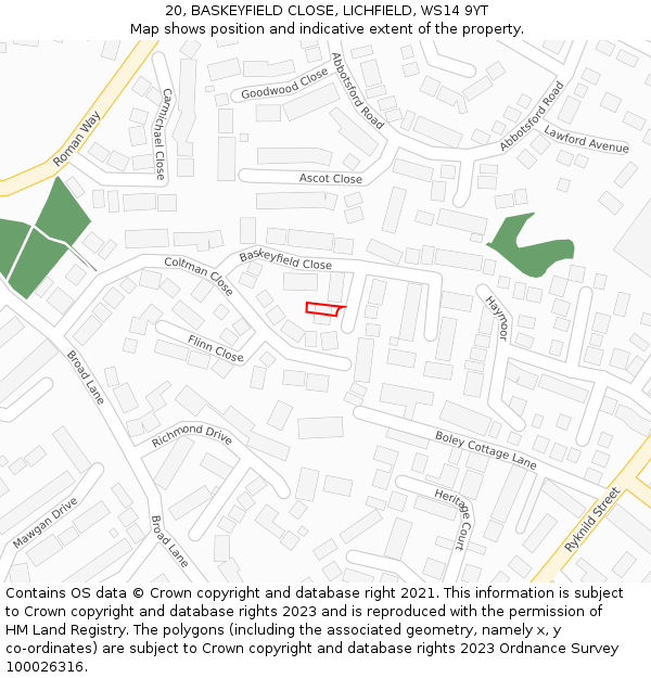 20, BASKEYFIELD CLOSE, LICHFIELD, WS14 9YT: Location map and indicative extent of plot