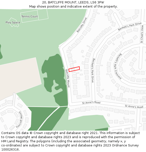 20, BATCLIFFE MOUNT, LEEDS, LS6 3PW: Location map and indicative extent of plot