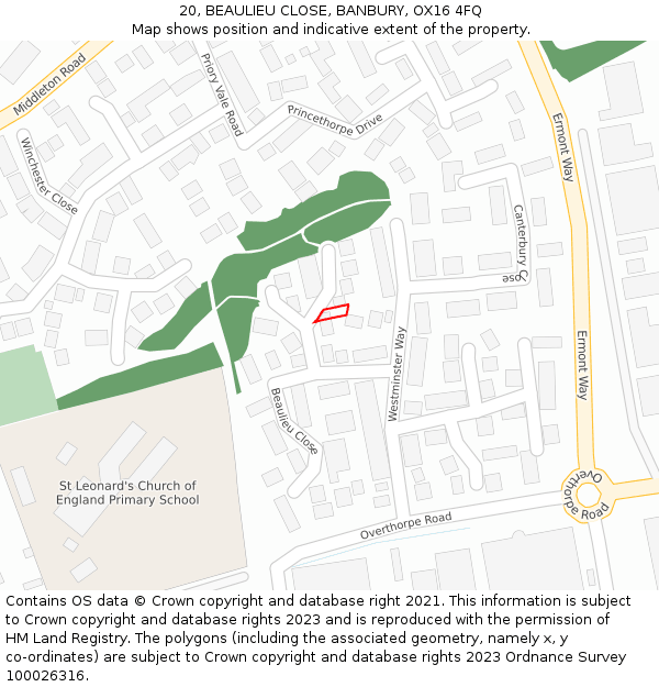 20, BEAULIEU CLOSE, BANBURY, OX16 4FQ: Location map and indicative extent of plot