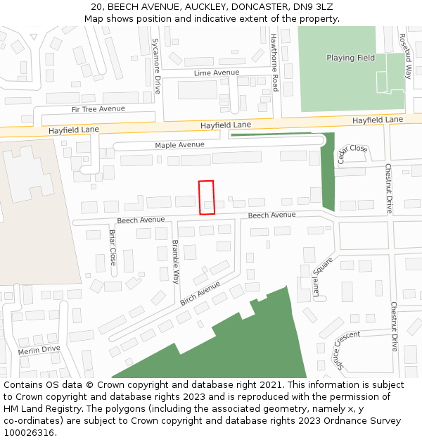 20, BEECH AVENUE, AUCKLEY, DONCASTER, DN9 3LZ: Location map and indicative extent of plot