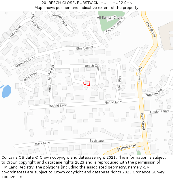 20, BEECH CLOSE, BURSTWICK, HULL, HU12 9HN: Location map and indicative extent of plot