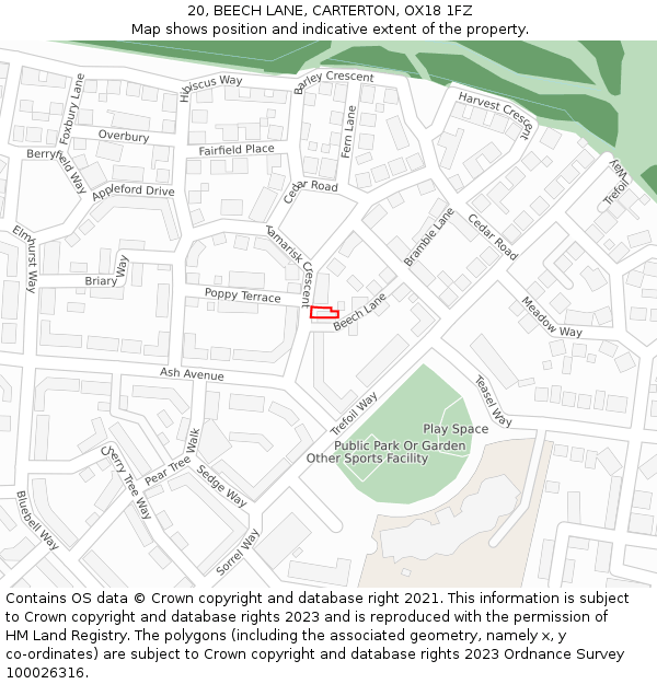 20, BEECH LANE, CARTERTON, OX18 1FZ: Location map and indicative extent of plot