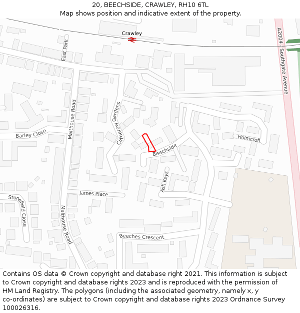 20, BEECHSIDE, CRAWLEY, RH10 6TL: Location map and indicative extent of plot