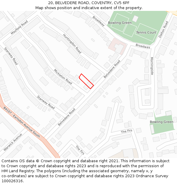 20, BELVEDERE ROAD, COVENTRY, CV5 6PF: Location map and indicative extent of plot