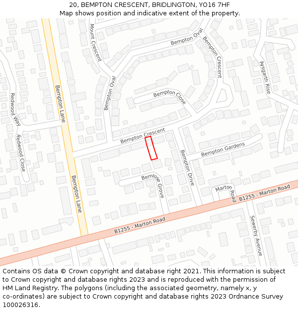 20, BEMPTON CRESCENT, BRIDLINGTON, YO16 7HF: Location map and indicative extent of plot