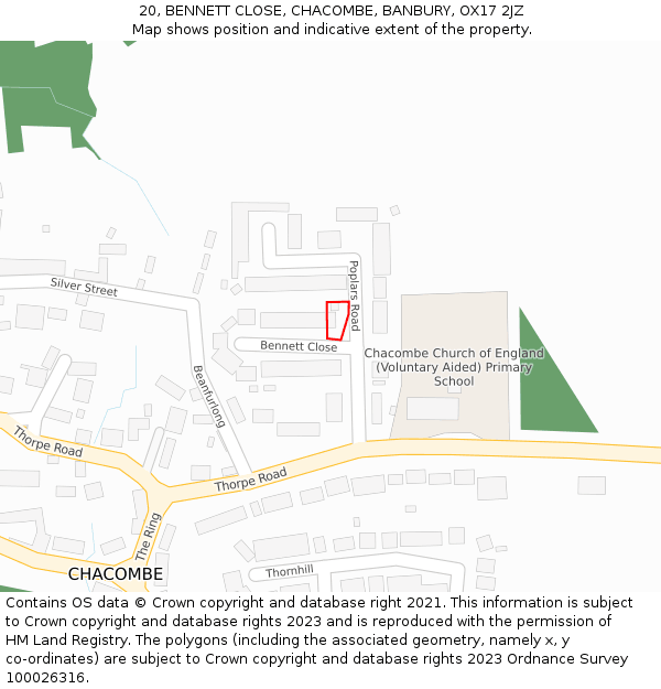 20, BENNETT CLOSE, CHACOMBE, BANBURY, OX17 2JZ: Location map and indicative extent of plot