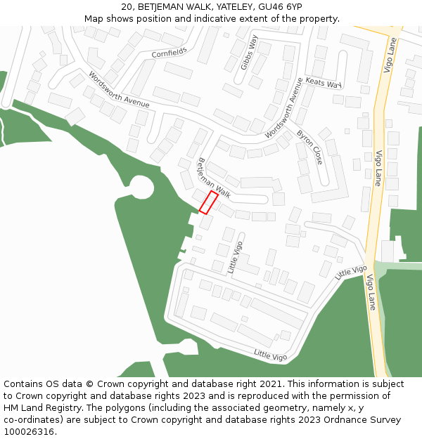 20, BETJEMAN WALK, YATELEY, GU46 6YP: Location map and indicative extent of plot