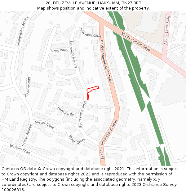 20, BEUZEVILLE AVENUE, HAILSHAM, BN27 3PB: Location map and indicative extent of plot