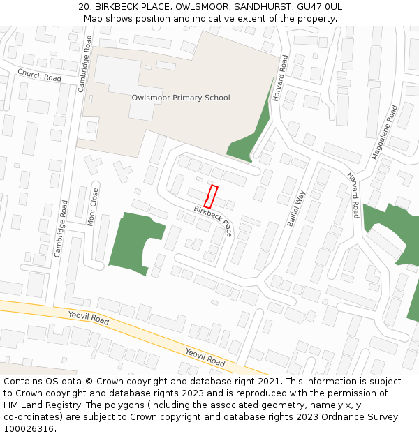 20, BIRKBECK PLACE, OWLSMOOR, SANDHURST, GU47 0UL: Location map and indicative extent of plot