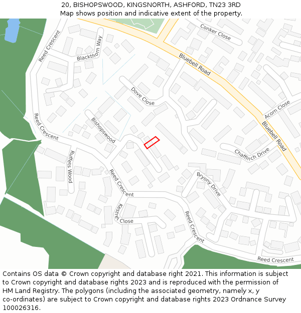 20, BISHOPSWOOD, KINGSNORTH, ASHFORD, TN23 3RD: Location map and indicative extent of plot