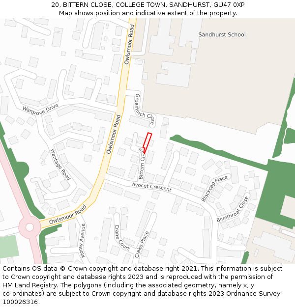 20, BITTERN CLOSE, COLLEGE TOWN, SANDHURST, GU47 0XP: Location map and indicative extent of plot