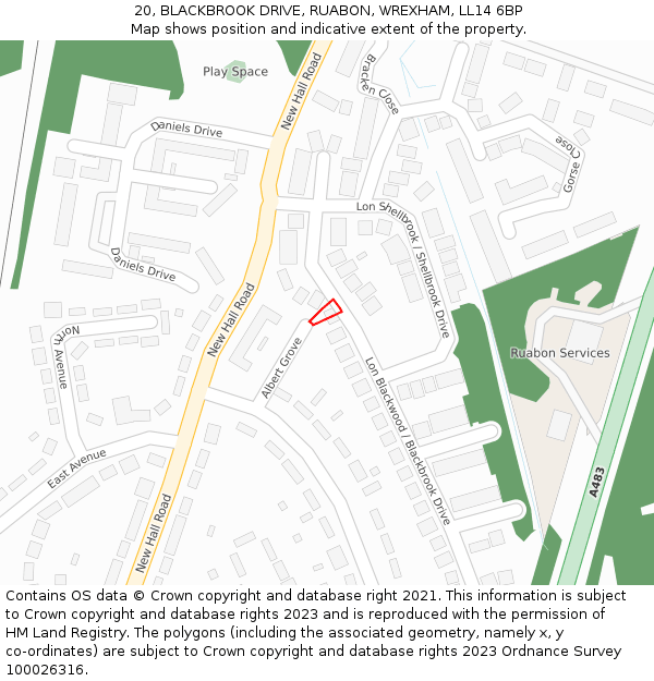 20, BLACKBROOK DRIVE, RUABON, WREXHAM, LL14 6BP: Location map and indicative extent of plot