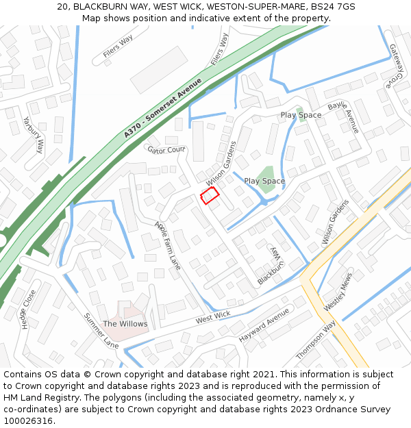 20, BLACKBURN WAY, WEST WICK, WESTON-SUPER-MARE, BS24 7GS: Location map and indicative extent of plot