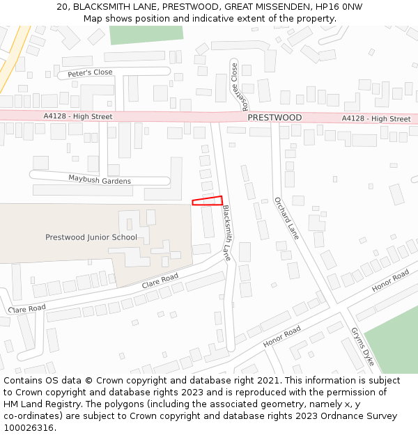 20, BLACKSMITH LANE, PRESTWOOD, GREAT MISSENDEN, HP16 0NW: Location map and indicative extent of plot