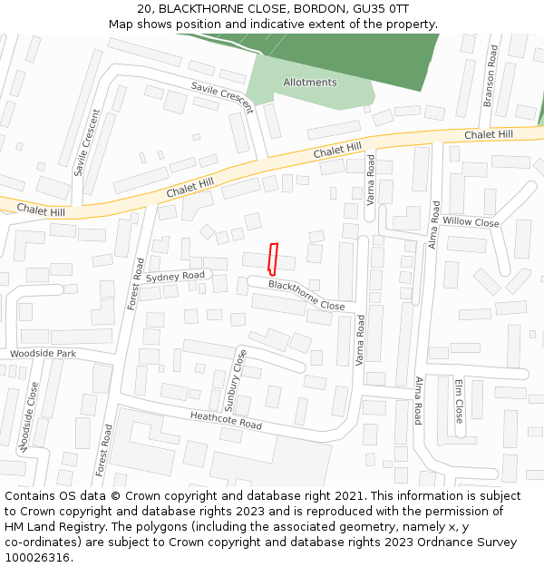 20, BLACKTHORNE CLOSE, BORDON, GU35 0TT: Location map and indicative extent of plot