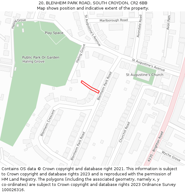 20, BLENHEIM PARK ROAD, SOUTH CROYDON, CR2 6BB: Location map and indicative extent of plot