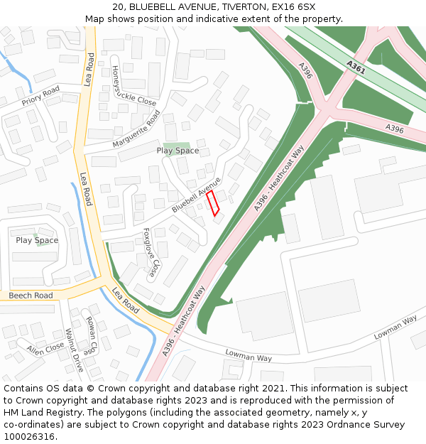 20, BLUEBELL AVENUE, TIVERTON, EX16 6SX: Location map and indicative extent of plot