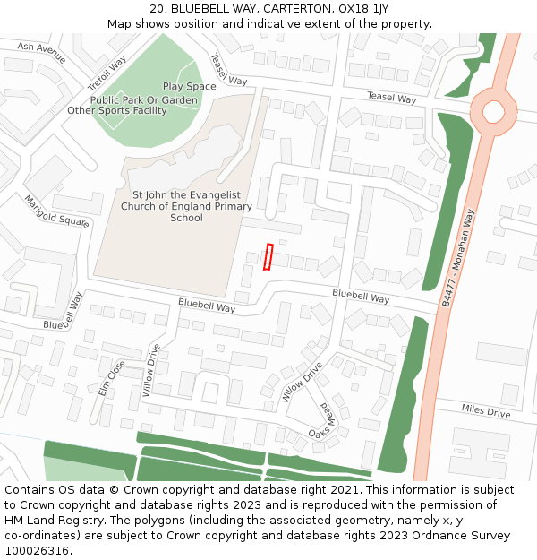 20, BLUEBELL WAY, CARTERTON, OX18 1JY: Location map and indicative extent of plot