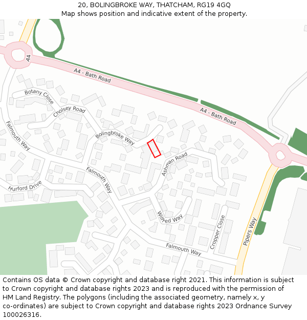 20, BOLINGBROKE WAY, THATCHAM, RG19 4GQ: Location map and indicative extent of plot