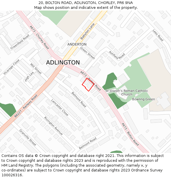20, BOLTON ROAD, ADLINGTON, CHORLEY, PR6 9NA: Location map and indicative extent of plot