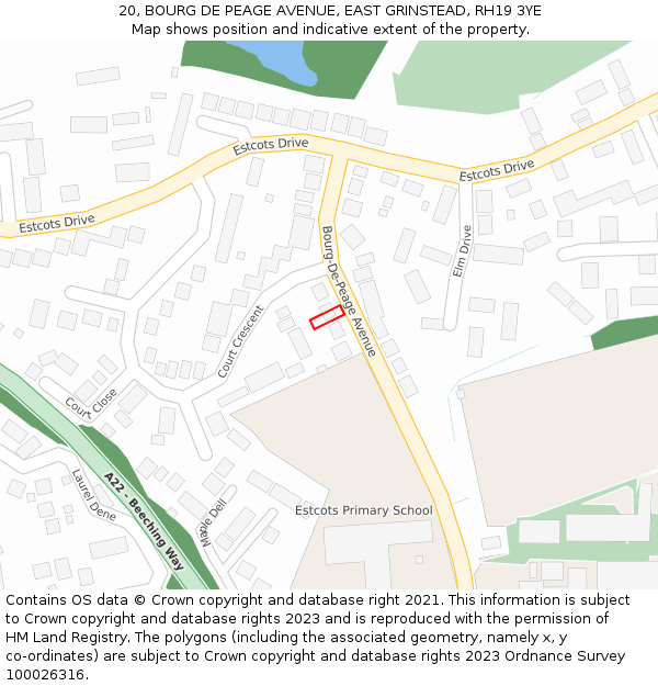 20, BOURG DE PEAGE AVENUE, EAST GRINSTEAD, RH19 3YE: Location map and indicative extent of plot