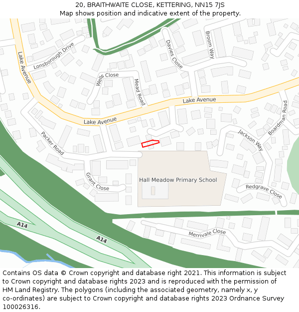 20, BRAITHWAITE CLOSE, KETTERING, NN15 7JS: Location map and indicative extent of plot