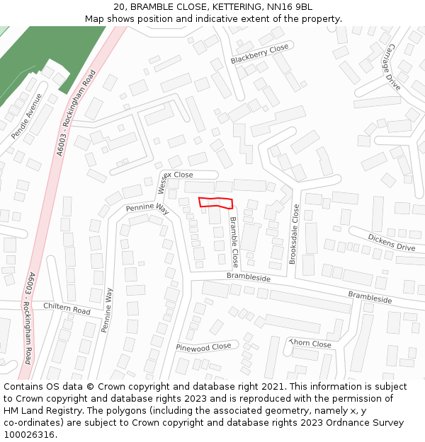 20, BRAMBLE CLOSE, KETTERING, NN16 9BL: Location map and indicative extent of plot