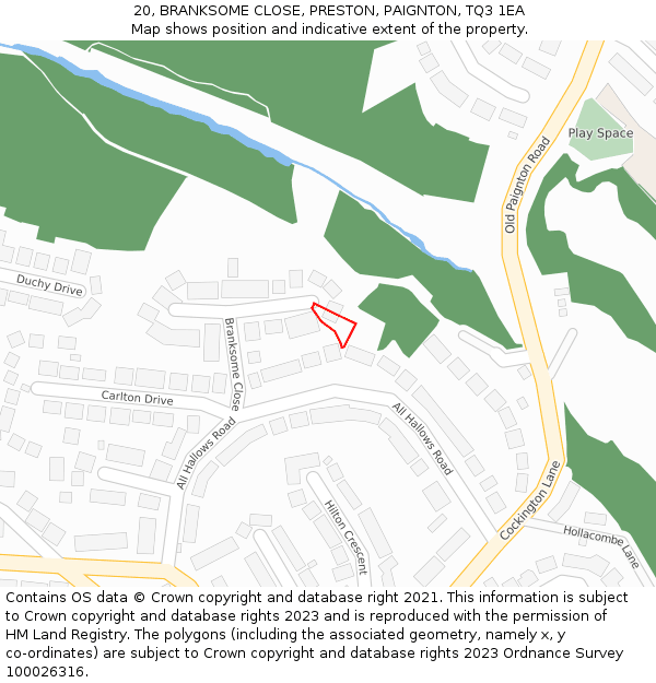 20, BRANKSOME CLOSE, PRESTON, PAIGNTON, TQ3 1EA: Location map and indicative extent of plot