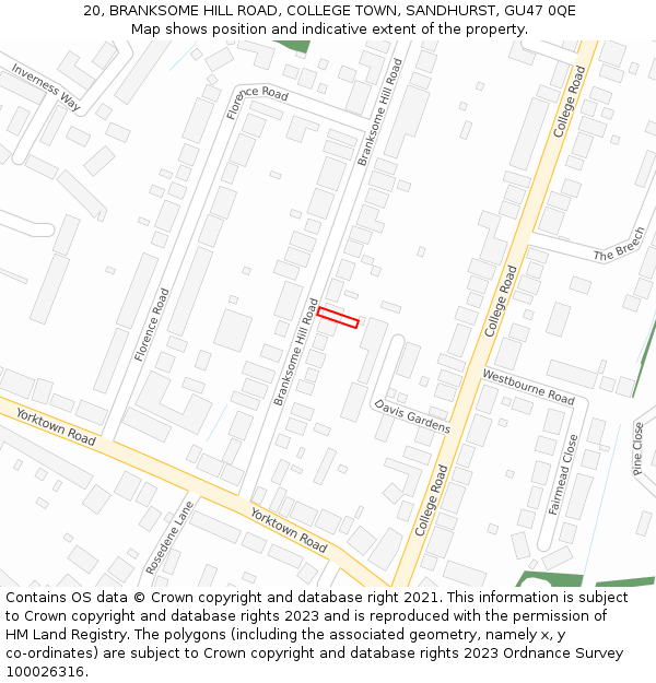 20, BRANKSOME HILL ROAD, COLLEGE TOWN, SANDHURST, GU47 0QE: Location map and indicative extent of plot