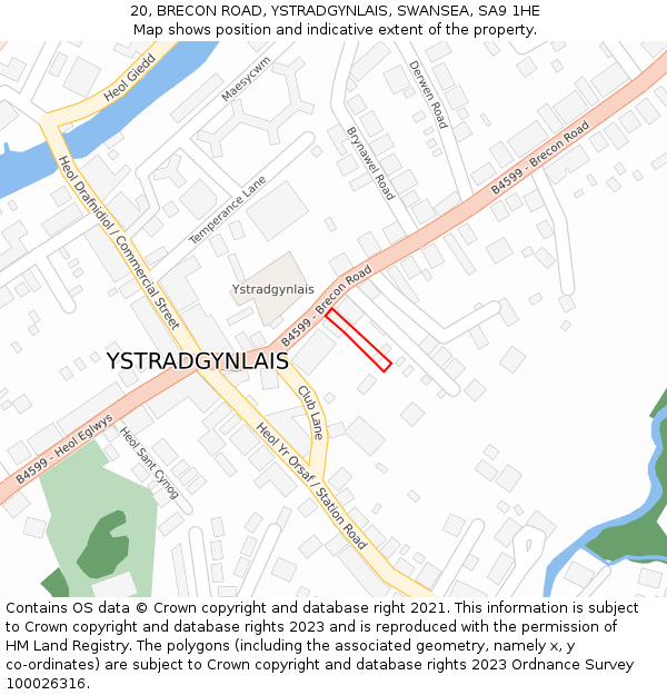 20, BRECON ROAD, YSTRADGYNLAIS, SWANSEA, SA9 1HE: Location map and indicative extent of plot