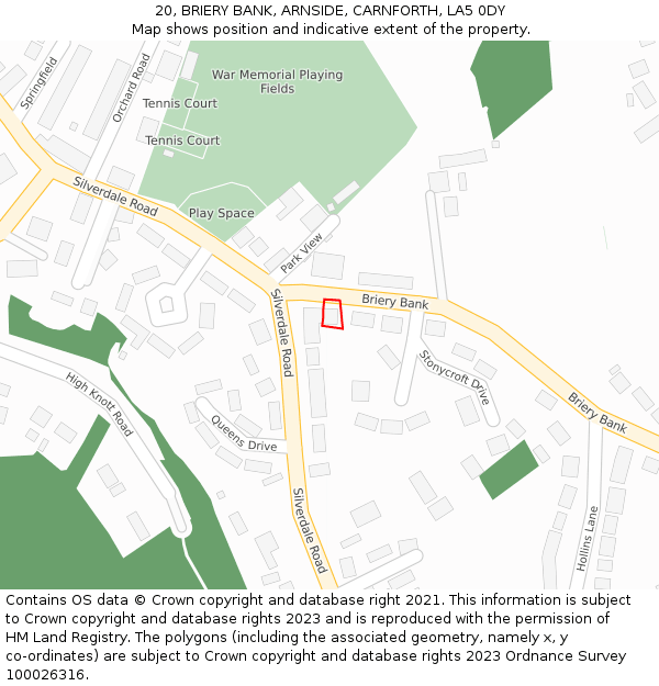 20, BRIERY BANK, ARNSIDE, CARNFORTH, LA5 0DY: Location map and indicative extent of plot