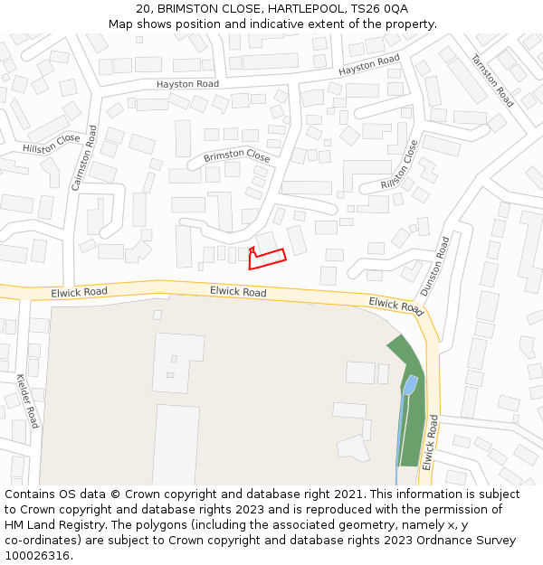 20, BRIMSTON CLOSE, HARTLEPOOL, TS26 0QA: Location map and indicative extent of plot