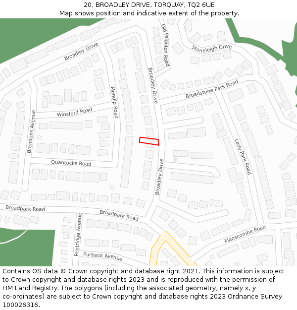 20, BROADLEY DRIVE, TORQUAY, TQ2 6UE: Location map and indicative extent of plot