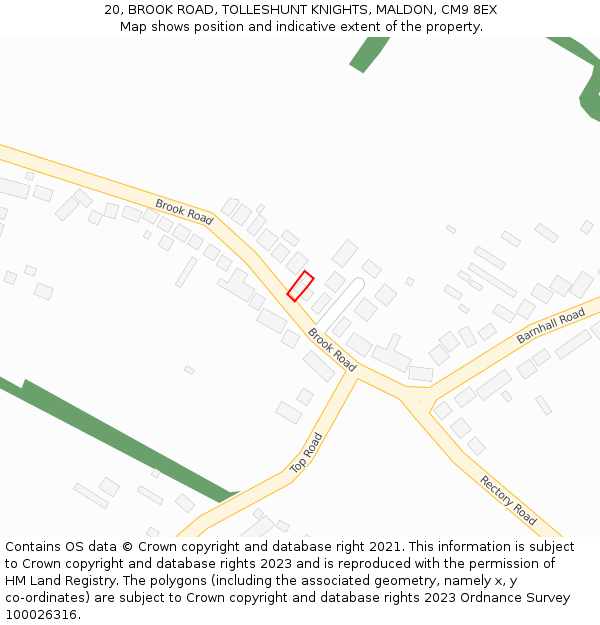 20, BROOK ROAD, TOLLESHUNT KNIGHTS, MALDON, CM9 8EX: Location map and indicative extent of plot