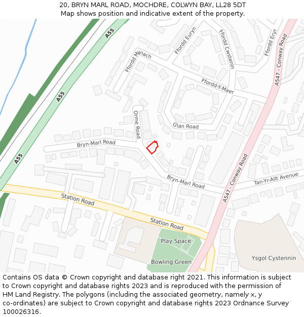 20, BRYN MARL ROAD, MOCHDRE, COLWYN BAY, LL28 5DT: Location map and indicative extent of plot