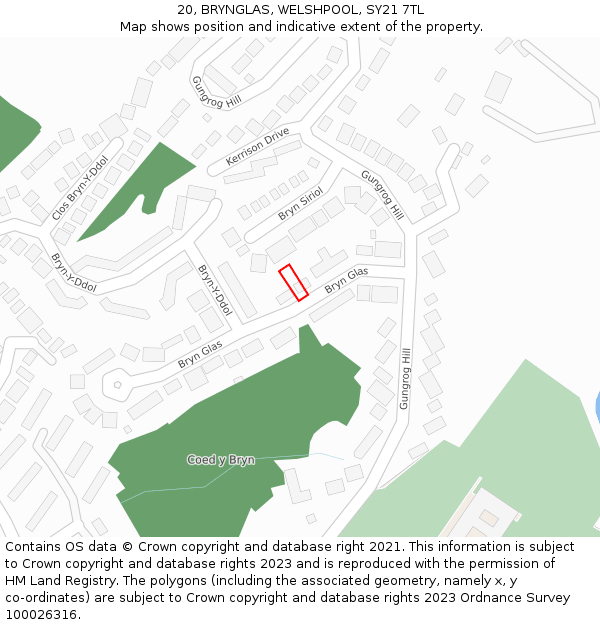 20, BRYNGLAS, WELSHPOOL, SY21 7TL: Location map and indicative extent of plot