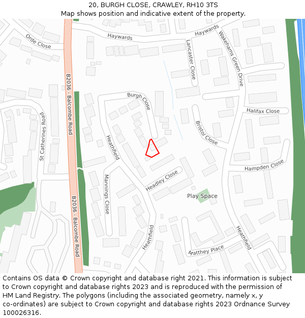 20, BURGH CLOSE, CRAWLEY, RH10 3TS: Location map and indicative extent of plot