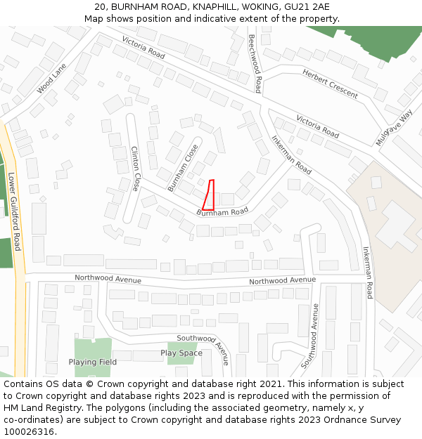 20, BURNHAM ROAD, KNAPHILL, WOKING, GU21 2AE: Location map and indicative extent of plot