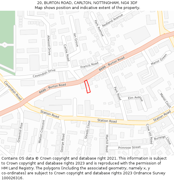 20, BURTON ROAD, CARLTON, NOTTINGHAM, NG4 3DF: Location map and indicative extent of plot