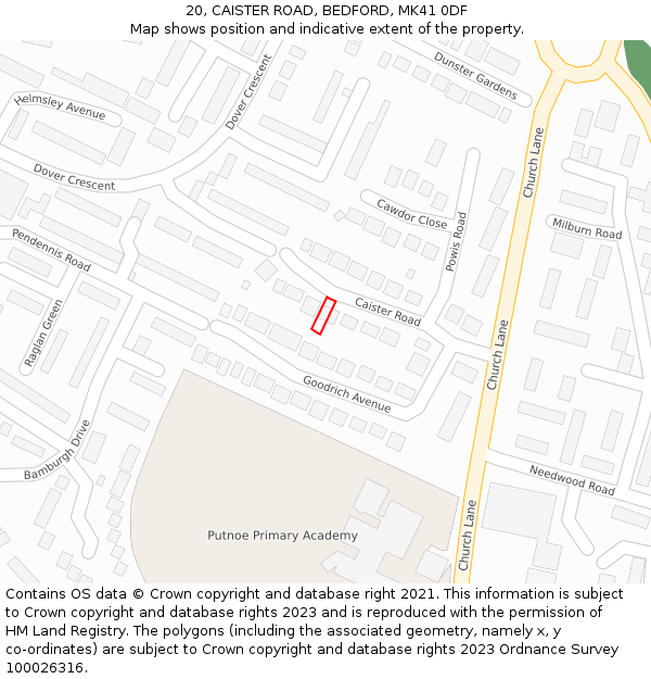 20, CAISTER ROAD, BEDFORD, MK41 0DF: Location map and indicative extent of plot