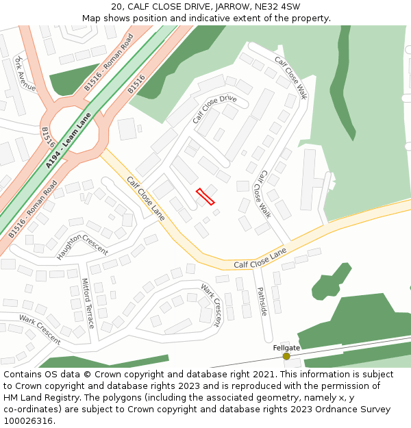 20, CALF CLOSE DRIVE, JARROW, NE32 4SW: Location map and indicative extent of plot