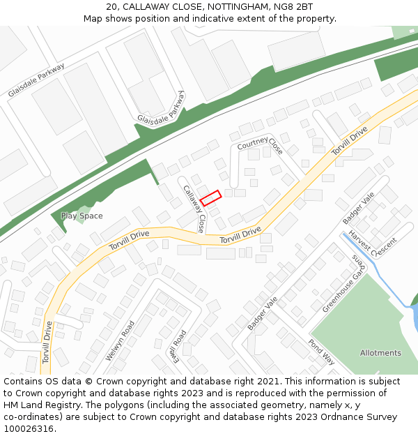 20, CALLAWAY CLOSE, NOTTINGHAM, NG8 2BT: Location map and indicative extent of plot