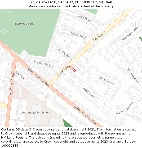 20, CALOW LANE, HASLAND, CHESTERFIELD, S41 0AP: Location map and indicative extent of plot