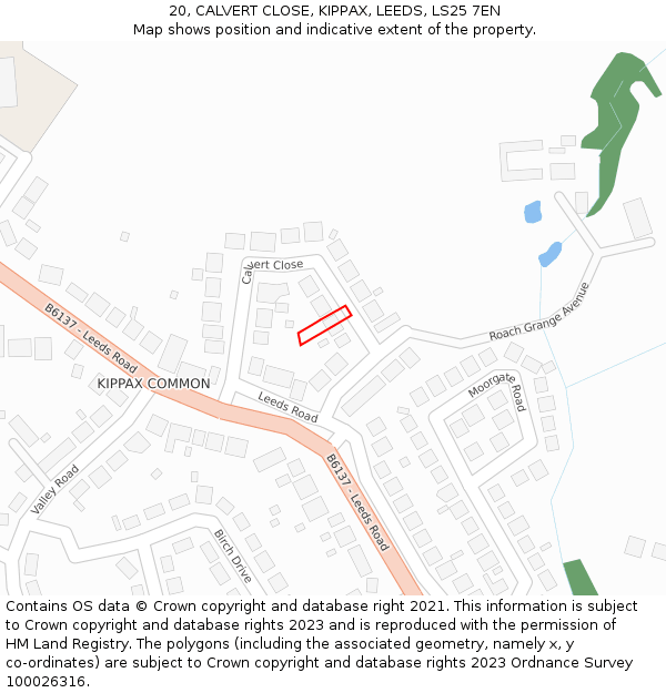 20, CALVERT CLOSE, KIPPAX, LEEDS, LS25 7EN: Location map and indicative extent of plot