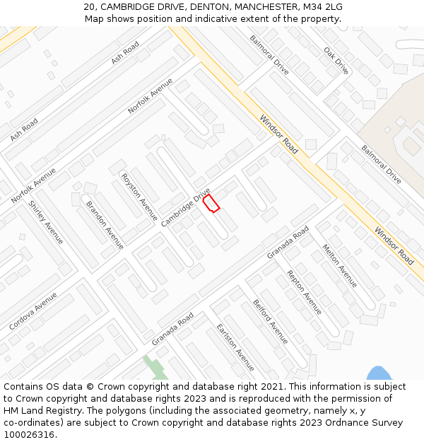 20, CAMBRIDGE DRIVE, DENTON, MANCHESTER, M34 2LG: Location map and indicative extent of plot